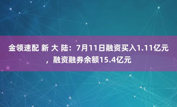 金领速配 新 大 陆：7月11日融资买入1.11亿元，融资融券余额15.4亿元